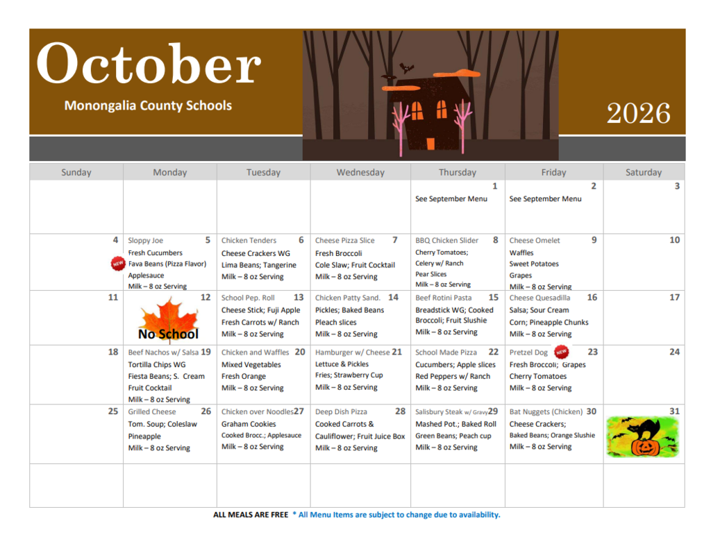 Pic: October school lunch menu with a spooky theme.