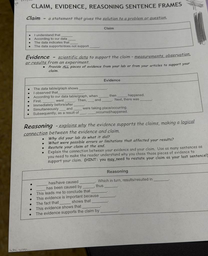 A Clain, Evidence, Reasoning sentence frame worksheet.