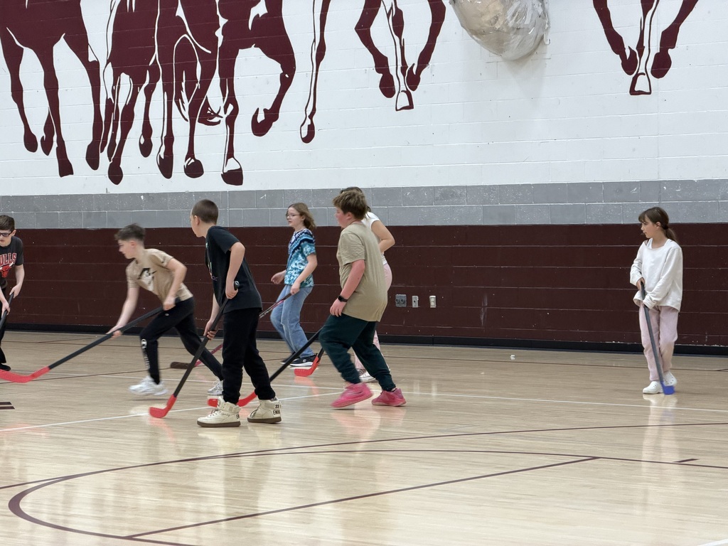 Kids with hockey sticks in a gymnasium. 6 students are bunched together and 1 other student stands alone with her hockey stick watching.