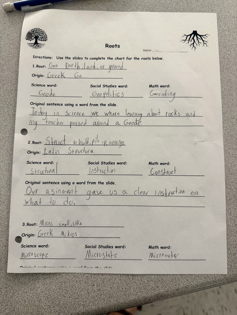 Photo of a worksheet about root. There is a student's work on the worksheet and clipart of a tree and roots.