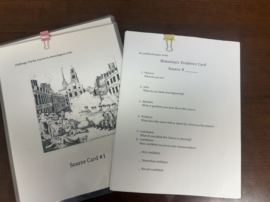 A photo of a Source Card #1 photo and a worksheet titled Historian's Evidence Card.