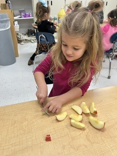 Prek students cutting apples