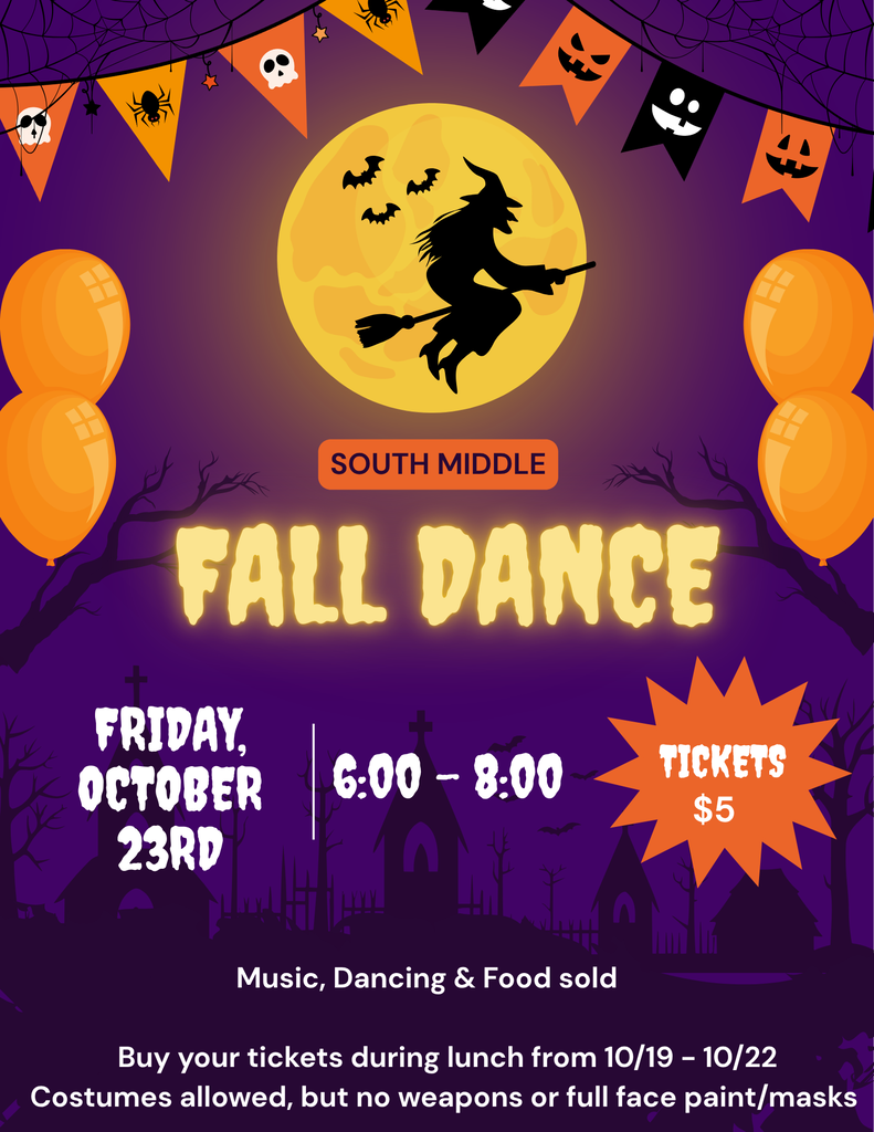 Dance flyer with a witch flying over a moon on a broom with 3 bats