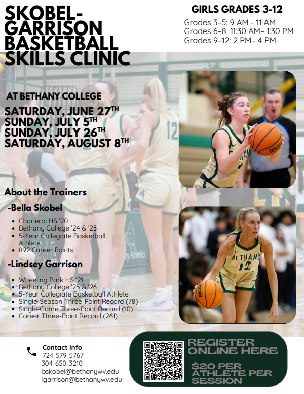 Skobel-Garriosn Basketball Skills Clinic Girls Grades 3-12 at Bethany College Starting June 27th - Contact 724-579-5767