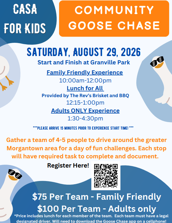 CASA for Kids Community Goose Chase, Saturday, August 29 at Granville Park 10:00 am - 12:00 pm Register your team $75 per team