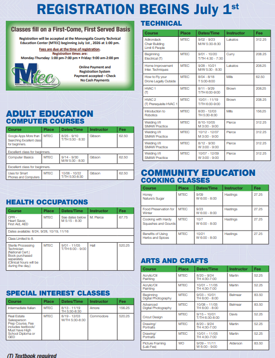 MTEC Enroll now for Fall 2026 Adult classes visit mtec.mono.k12.wv.us or call 304-291-9243 Registration opens July 1st