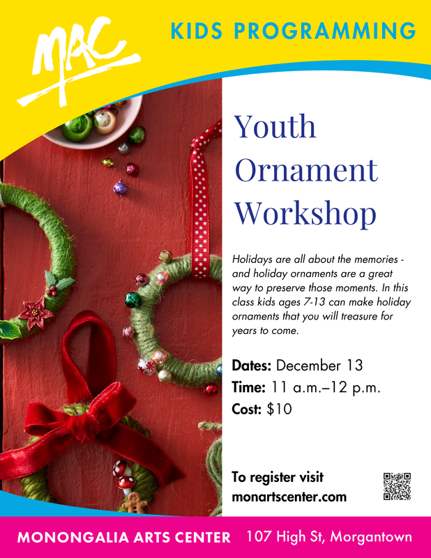 MAC Kids Programming Youth Ornament Workshop December 13 11:00 am - 12:00 pm Cost $10