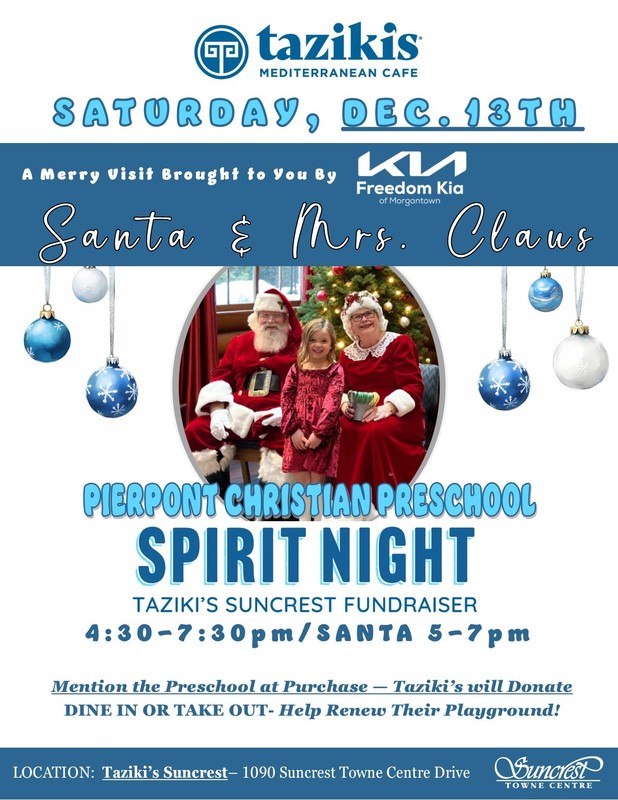 Tazikis Mediterranean Cafe Spirit Night Suncrest Fundraiser December 13th 4:30 - 7:30 PM Santa from 5:00 - 7:00 PM