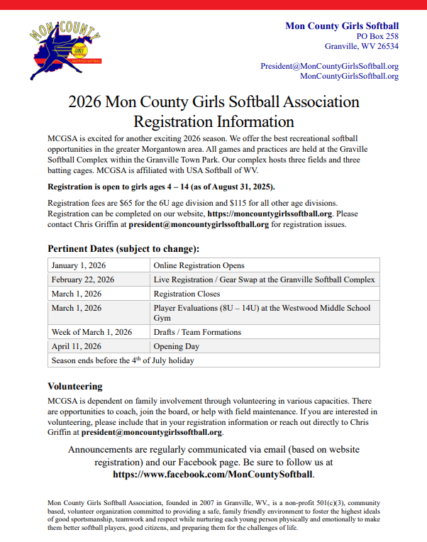 2026 Mon County Girls Softball Association Registration