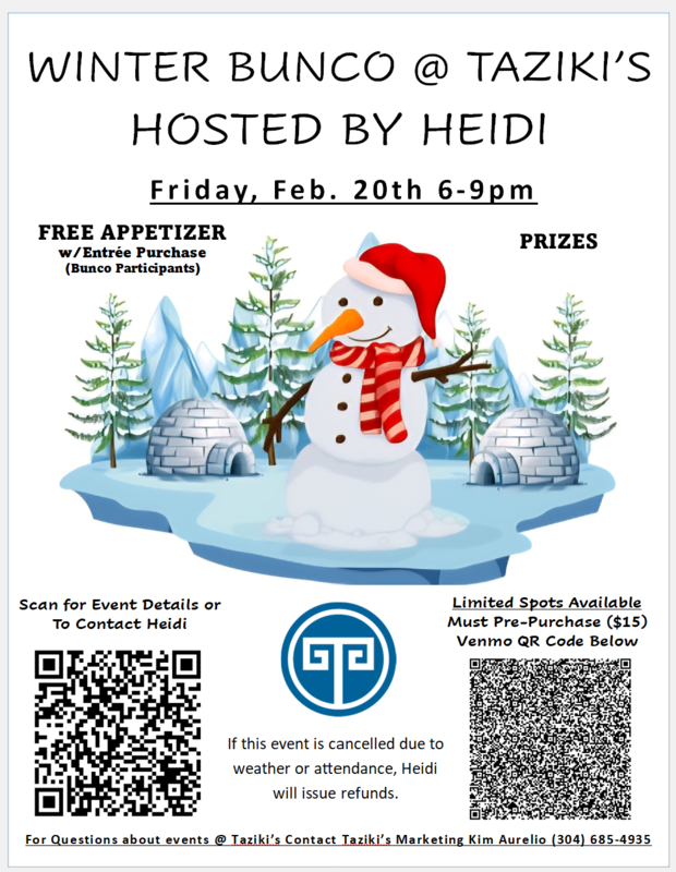 Winter BUNCO at Tazikis Friday, February 20th from 6:00 - 9:00pm Limited spots available, must pre-register.  Scan QR Code to register. Fifteen dollar fee is required.