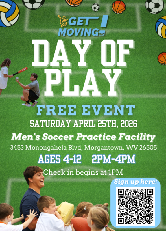 Day of Play  Ages 4-12 on Saturday April 25, 2026  Scan the QR Code for details 