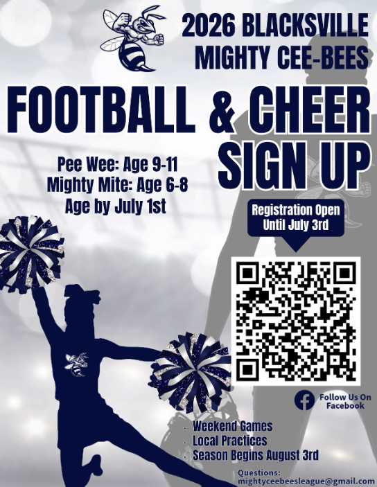 2026 Blacksville Mighty Cee-Bees Football and Cheer Sign UP Registration Open till July 3 QR code for more details