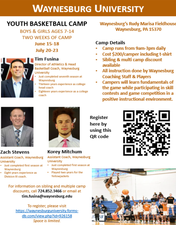 Waynesburg University Basketball Camp Girls & Boys ages 7-17 scan QR code for details