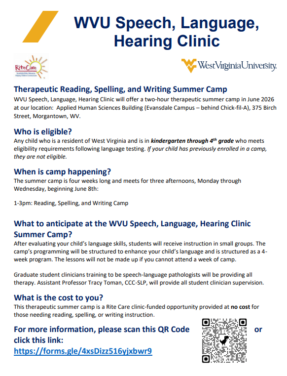 WVU Speech. Language, Hearing Clinic for students K - 4th who meets eligibility requirements in June 2026 at the Applied Human Sciences Building