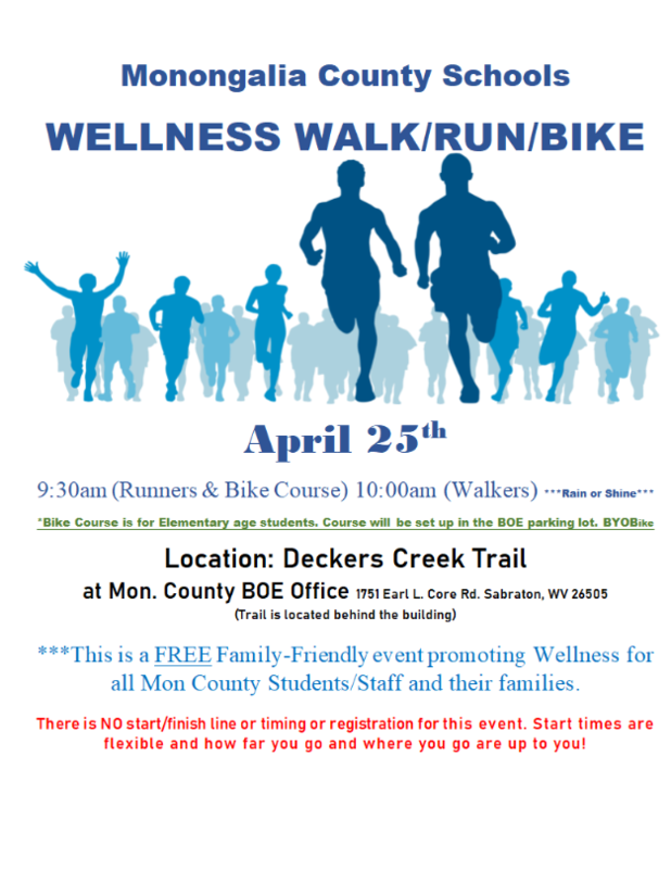 Flyer for the Wellness Walk/Run/Bike April 25, 2026  Deckers Creek Trail 9:30 am for runners and bike course, 10:00 am for walkers Rain or Shine