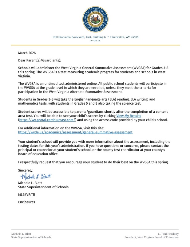 WVGSA Testing Parent letter