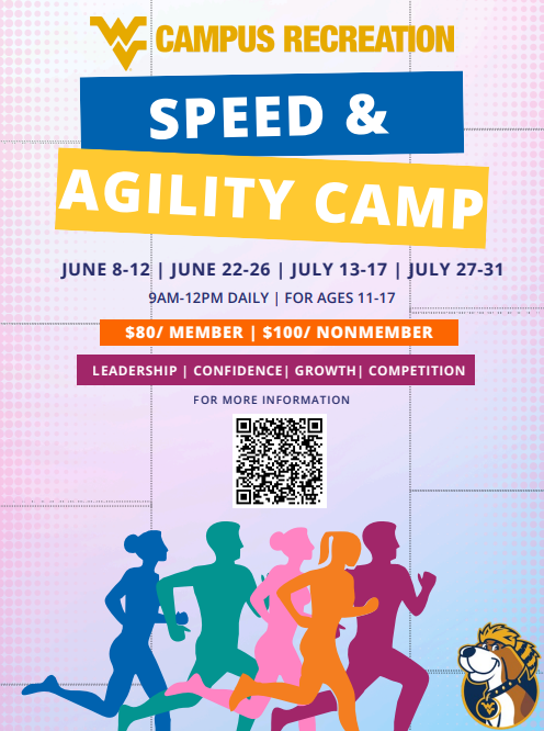 WVU Campus Recreation Speed & Agility Camp for ages 11-17 - June 8-12, June 22-26, July 13-17, July 27-31 - from 9 AM - 12 PM Daily - $80 for members $100 for nonmembers