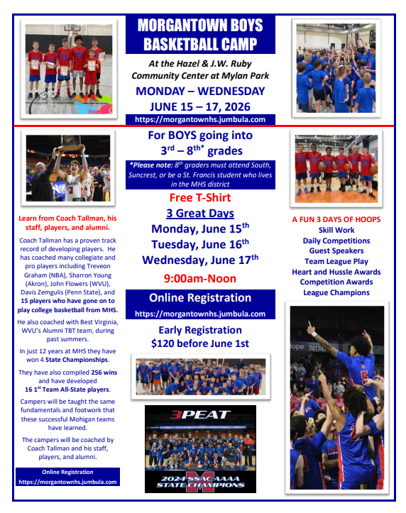 Morgantown Boys Basketball Camp at the Hazel & J.W. Ruby Community Center at Mylan Park, Monday - Wednesday June 15 - 17, 2026 from 9:00 am - 12:00 pm- Online Registration at https://morgantownhs.jumbula.com/ For boys going into grades 3 - 8.