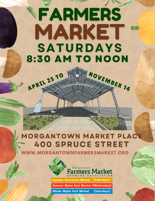 Morgantown Farmers Market Saturdays from 8:30 AM to Noon, April 25 to November 14 at 400 Spruce Street