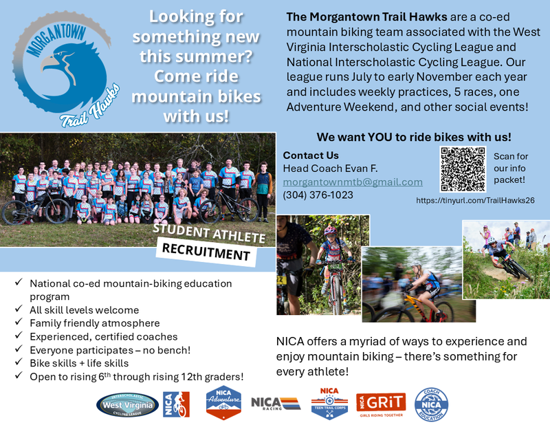 The Morgantown Trail Hawks co-ed mountain biking team wants you to ride bikes!  The league runs July to early November.  Weekly practices and 5 races along with social events.  Contact morgantownmtb@gmail.com or 304-376-1023
