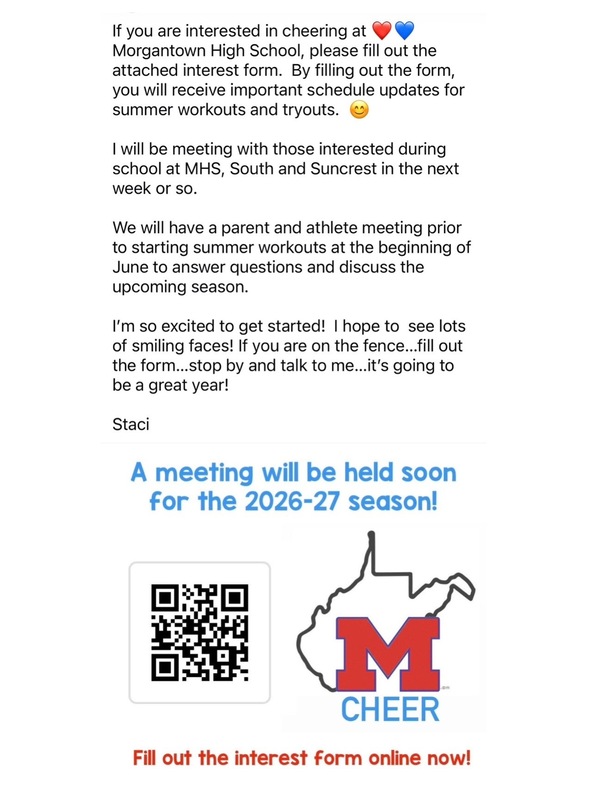 Flyer for Morgantown High School Cheerleading, with a QR code linking to the interest survey