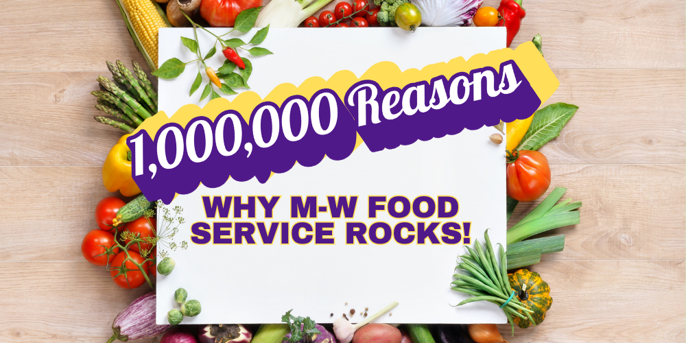 food on wooden board background with purple and yellow text