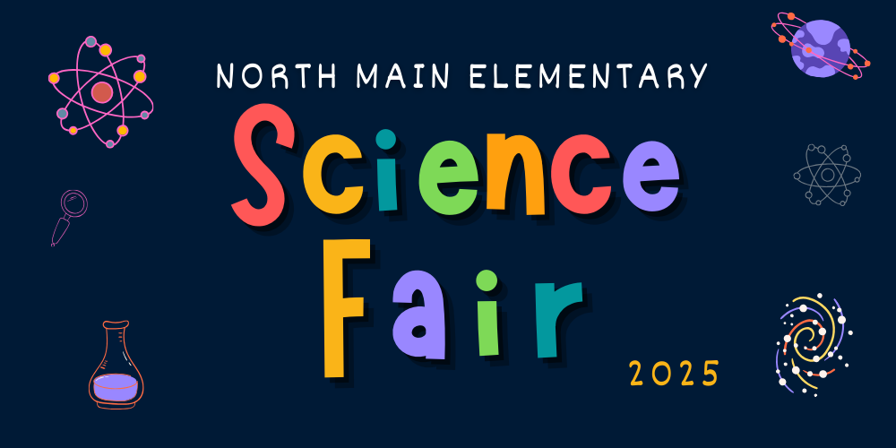 dark blue backdrop with graphics of atoms, earth and a beaker that says science fair