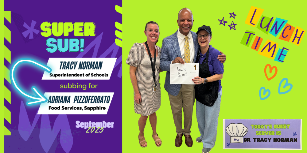 green and purple background with photo of superintendent and two staff members