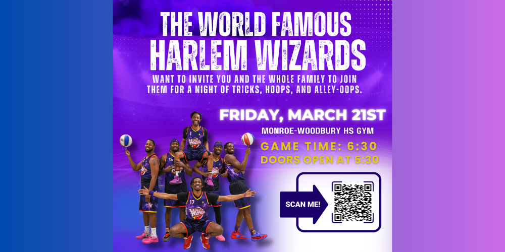 purple and blue background with white text and photo of team