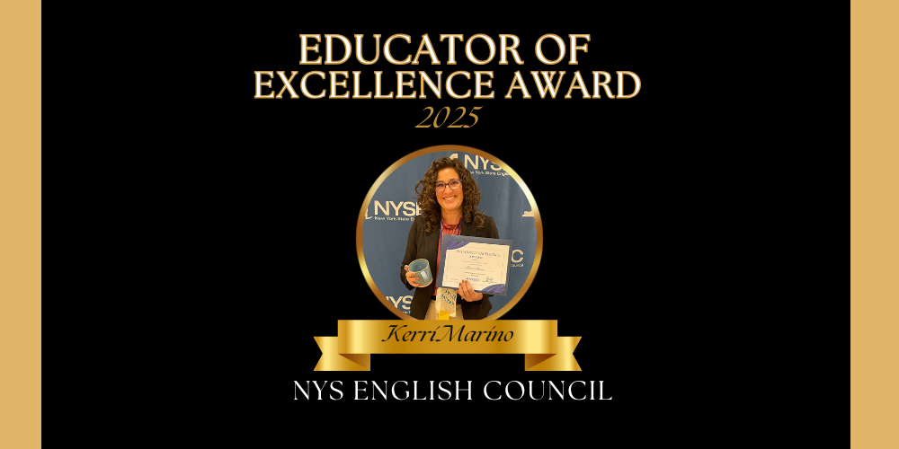 educator of excellence text with woman holding a blue cup with a gold banner