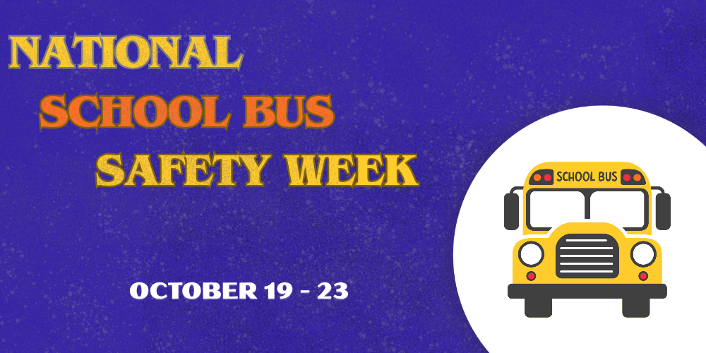 purple background with graphic of yellow school bus. National School Bus Safety Week