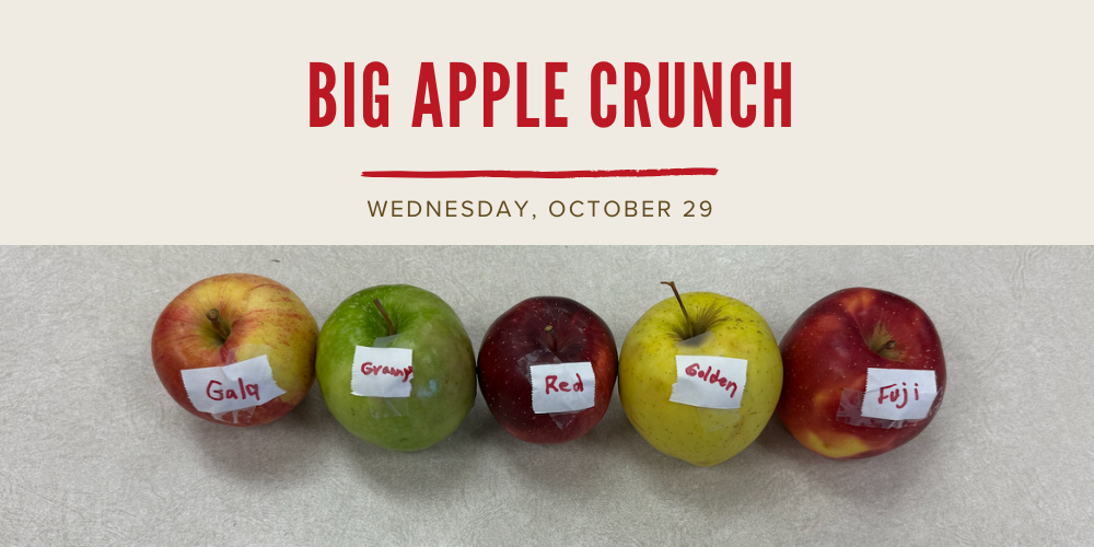 five apples with red text 