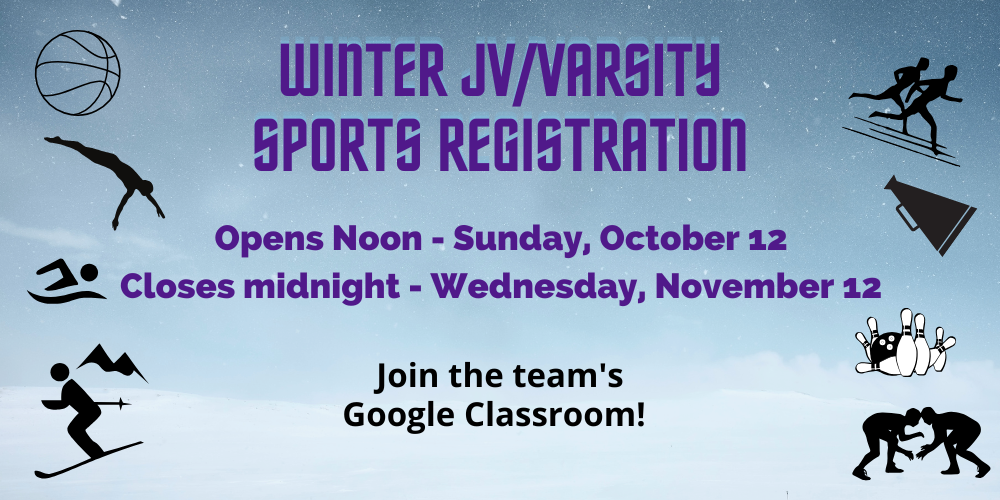 text that says winter jv/varsity sports registration opening