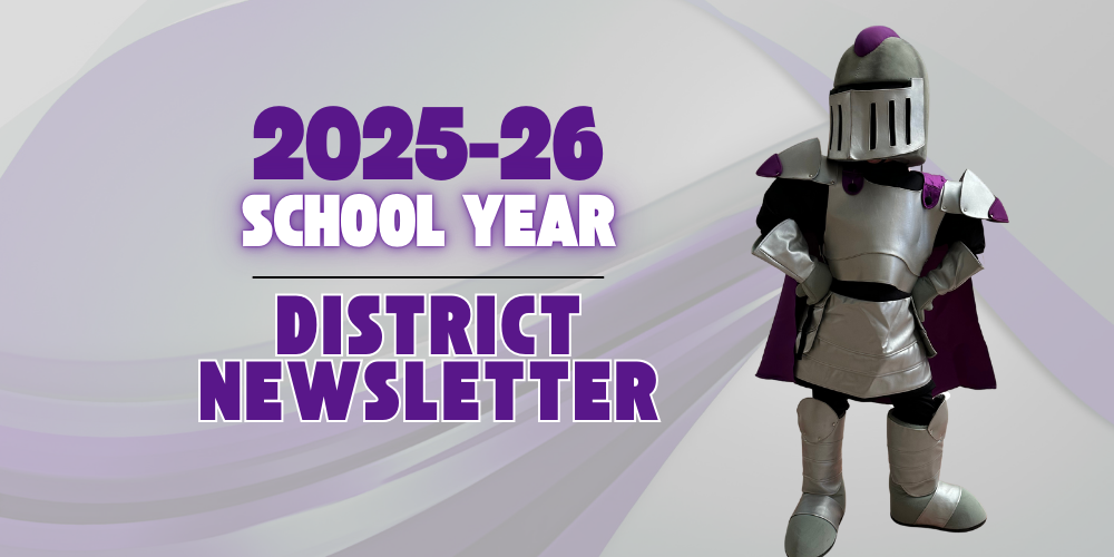 crusader mascot with purple and white text
