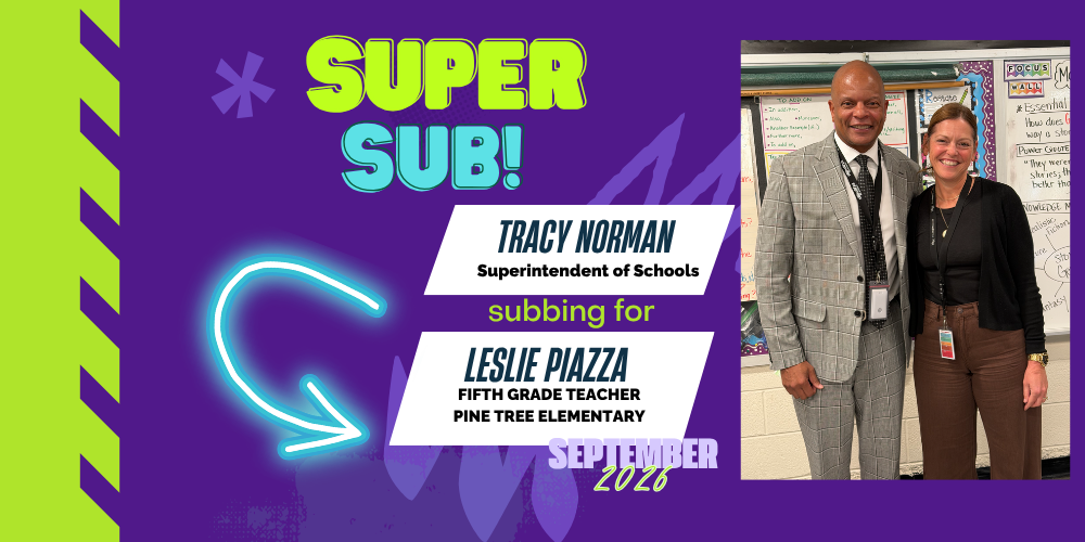 man and woman standing in a classroom. Green and purple background - Super Sub Tracy Norman and Leslie Piazza