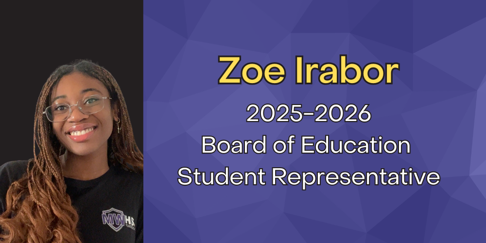 purple background with photo of student and white and yellow text