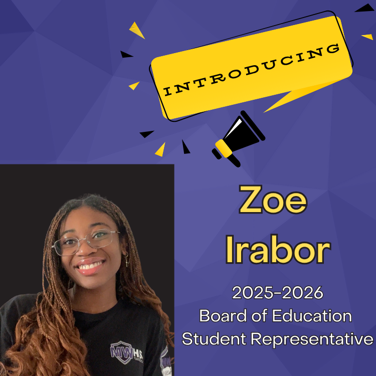 student with black shirt and brown braids with purple background and yellow and white text