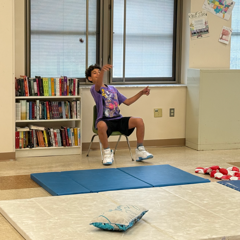 student with purple shirt throwing a ball