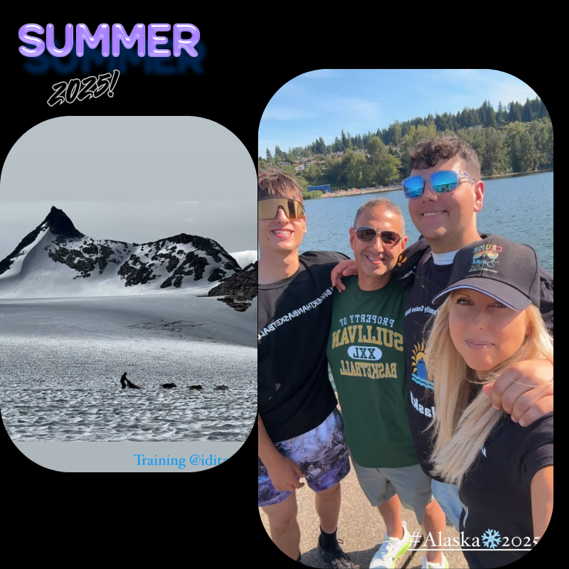 snow capped mountain and a family of four standing in front of a lake