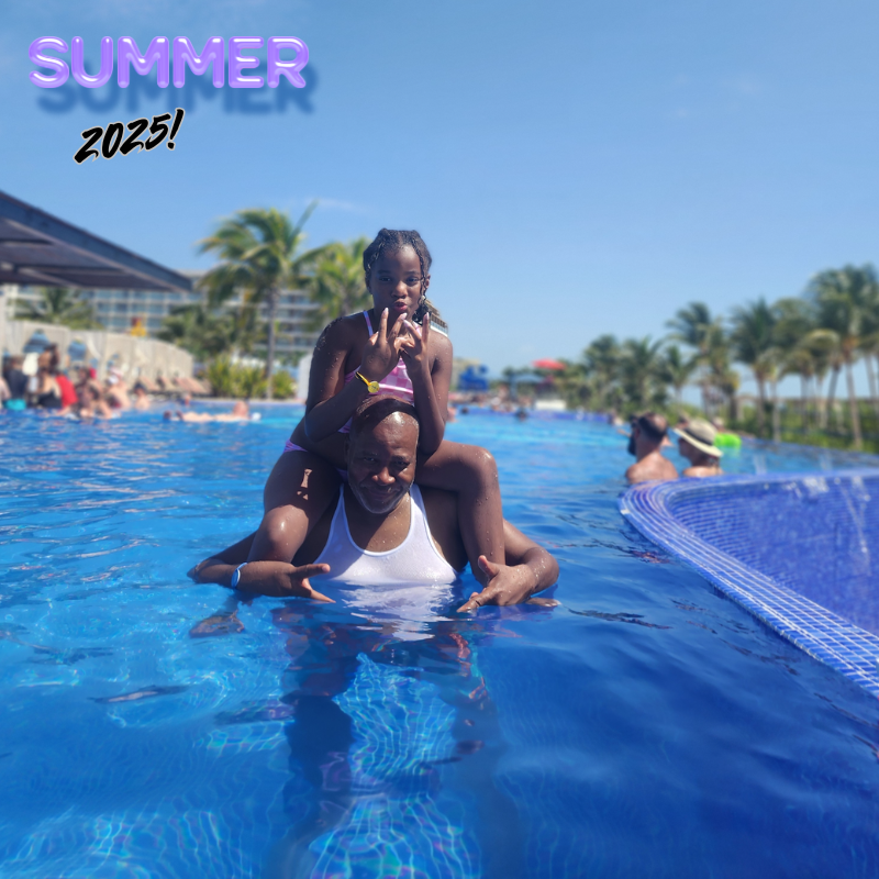 student on the shoulder of man with white shirt in pool