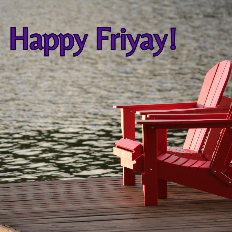 Purple text with red adirondack chairs in the background  next to water