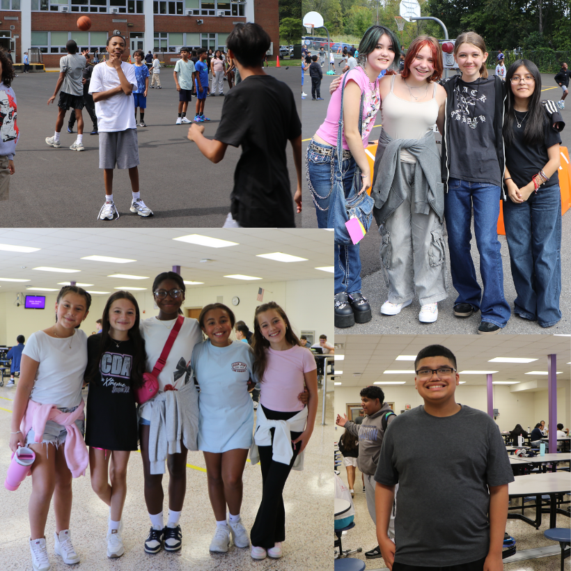 four photos of students playing basketball, standing on a field and standing with a grey shirt