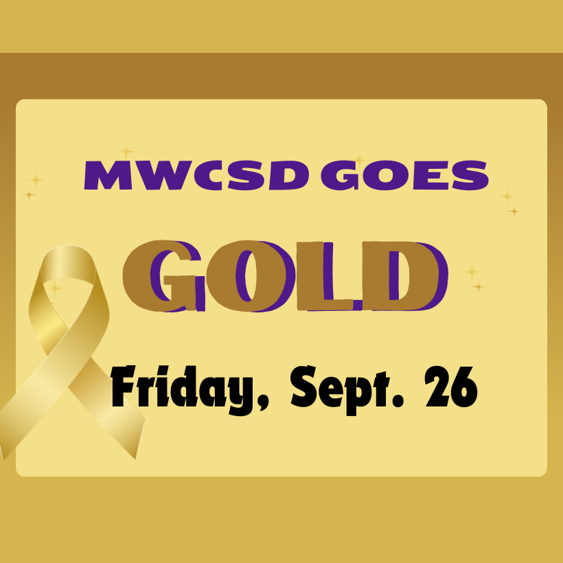 Gold and yellow background with purple and black letters