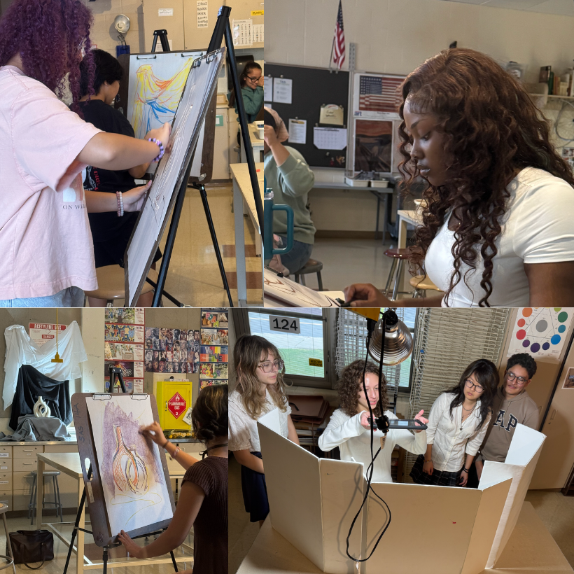 four photos of students painting and sketching in art class