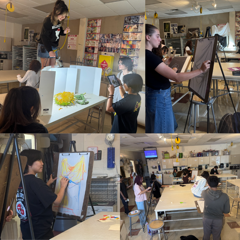 four photos of students painting and sketching in art class