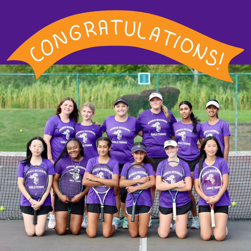 12 students with purple shirt and black shorts holding tennis rackets 