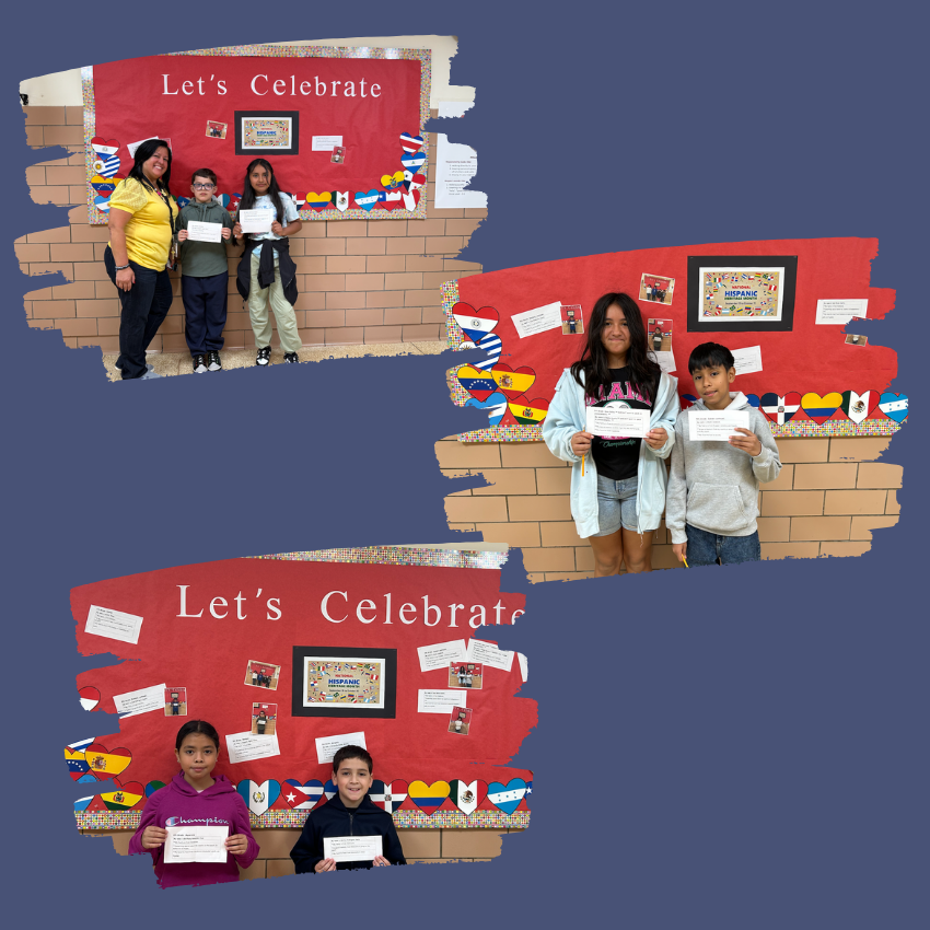 three photos of students standing in front of a red bulletin board 