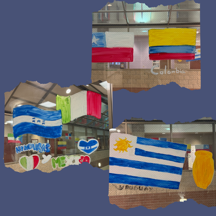 photo of five flags that are white,  yellow, blue, green and red