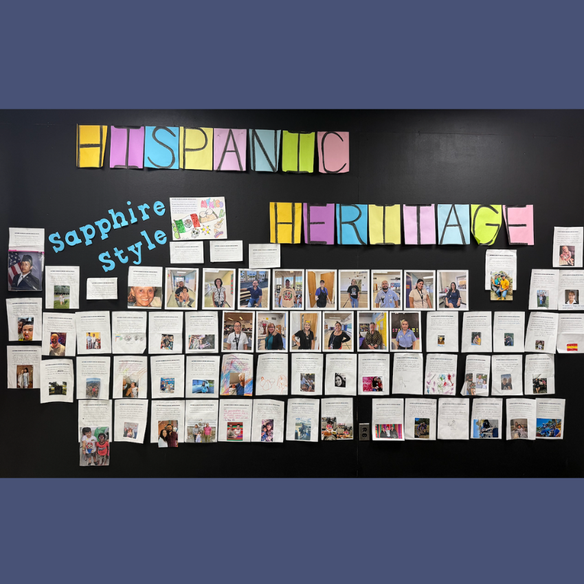 photo of a bulletin board with various pictures and letters that say Hispanic Heritage