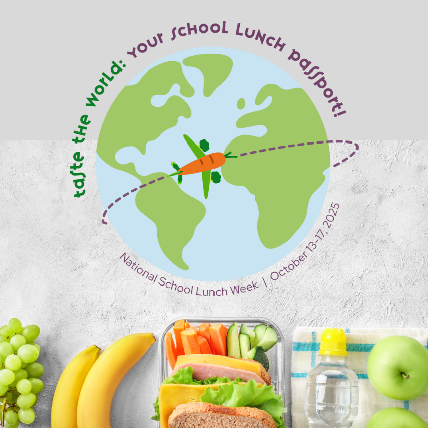 fruits and sandwiches with a green globe that says taste the world: Your school lunch passport